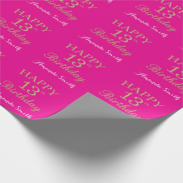 Papel De Presente Feliz 13 Aniversário Dourado Brilho e Rosa Quente (Ponta)