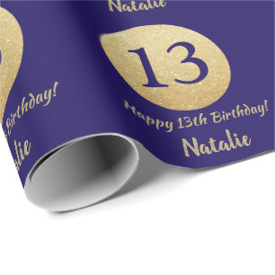 Papel De Presente Feliz 13 Aniversário Marinho Azul e Dourado Brilh