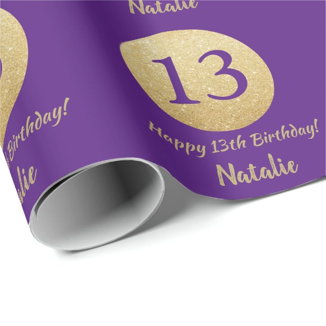 Papel De Presente Feliz 13 Aniversário Roxo e Dourado Brilhante (Ponta do rolo)