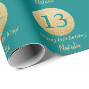 Papel De Presente Feliz 13 Aniversário Teal e Dourado Brilho