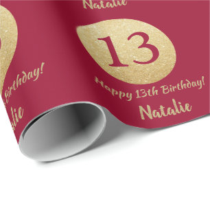 Papel De Presente Feliz 13 Birthday Burgundy Vermelho e Dourado bril