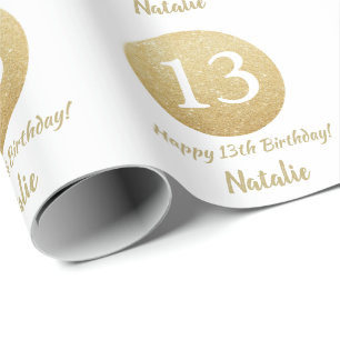 Papel De Presente Feliz 13 Birthday Dourado Glitter e Branco