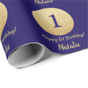 Papel De Presente Feliz 15 Aniversário Marinho Azul e Dourado Brilh