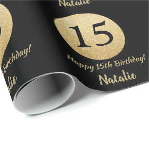 Papel De Presente Feliz 15 Aniversário Negro e Dourado brilho
