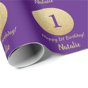 Papel De Presente Feliz 15 Aniversário Roxo e Dourado Brilho