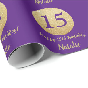 Papel De Presente Feliz 15 Aniversário Roxo e Dourado Brilho