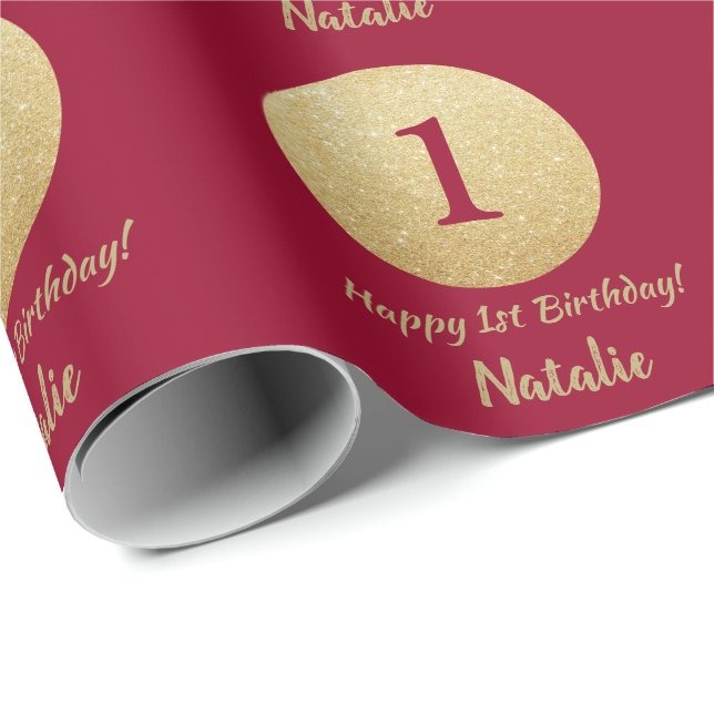 Papel De Presente Feliz 15 Birthday Burgundy Vermelho e Dourado bril (Ponta do rolo)