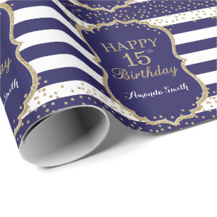 Papel De Presente Feliz 15 Birthday Dourado Glitter e Marinho Azul