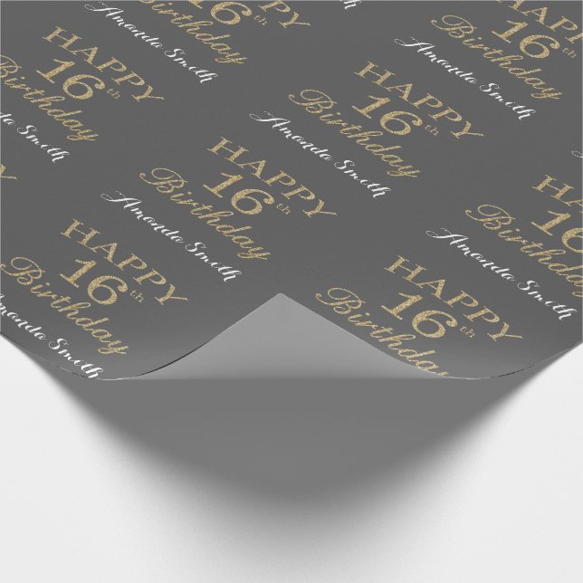 Papel De Presente Feliz 16º aniversário, Dourado relvado, reluzente  (Ponta)