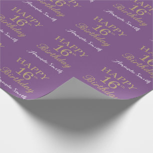Papel De Presente Feliz 16.º aniversário, Dourado reluzente e roxo
