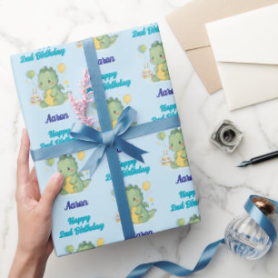 Papel De Presente Feliz 2º Aniversário, Dragão, Menino, Personalizad