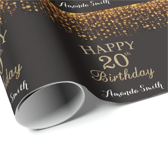 Papel De Presente Feliz 20 Aniversário Negro e Dourado (Ponta do rolo)