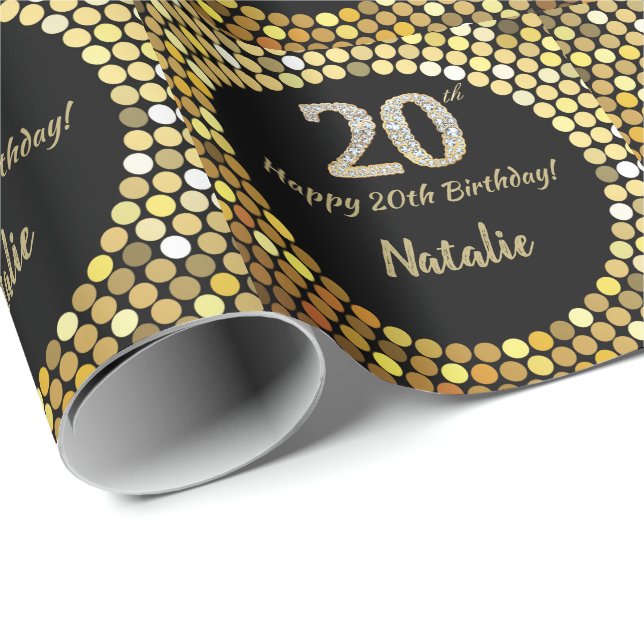 Papel De Presente Feliz 20 Aniversário Negro e Dourado (Ponta do rolo)