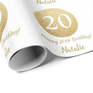 Papel De Presente Feliz 20 Birthday Dourado Glitter e Branco