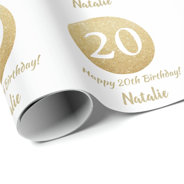 Papel De Presente Feliz 20 Birthday Dourado Glitter e Branco (Ponta do rolo)