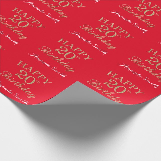 Papel De Presente Feliz 20 Birthday Dourado Glitter e Vermelho (Ponta)