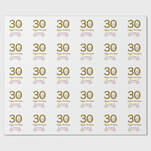 Papel De Presente Feliz 30º aniversário nome data folha vermelha dou