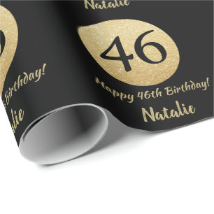 Papel De Presente Feliz 46º aniversário, preto e Dourado brilho