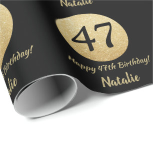 Papel De Presente Feliz 47º aniversário, preto e Dourado brilho