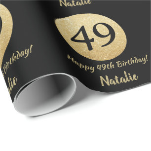 Papel De Presente Feliz 49º aniversário, preto e Dourado brilho