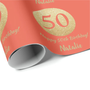 Papel De Presente Feliz 50º aniversário Coral Laranja e Dourado br