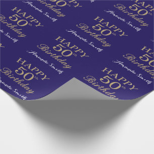 Papel De Presente Feliz 50º aniversário Dourado Brilho e Marinho A