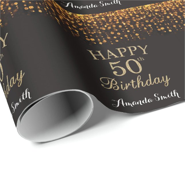 Papel De Presente Feliz 50º aniversário, negro e Dourado brilho (Ponta do rolo)
