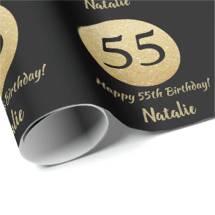 Papel De Presente Feliz 55º aniversário, preto e Dourado brilho