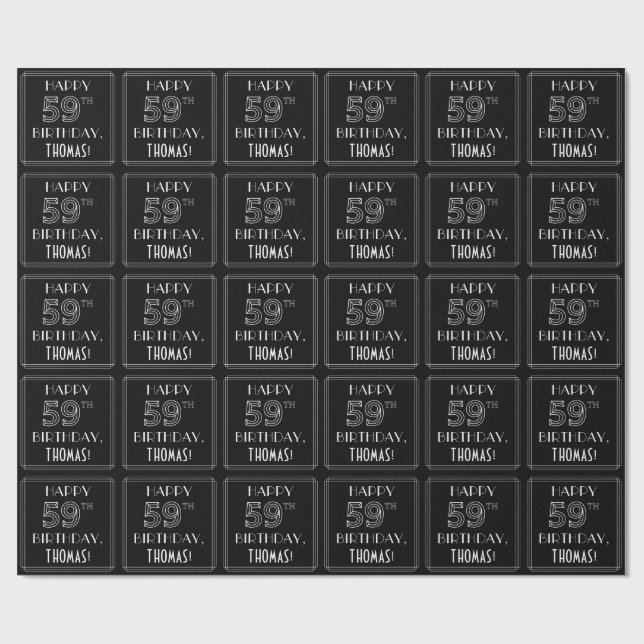 Papel De Presente FELIZ 59º ANIVERSÁRIO; Estilo de Deco de Arte com  (Aberto)