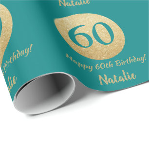 Papel De Presente Feliz 60º aniversário do Teal e Dourado Glitter