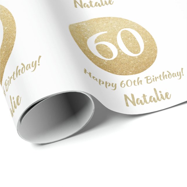 Papel De Presente Feliz 60º aniversário, Dourado brilho e branco (Ponta do rolo)
