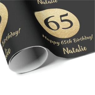 Papel De Presente Feliz 65º aniversário, preto e Dourado brilho