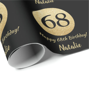 Papel De Presente Feliz 68º aniversário, preto e Dourado brilho
