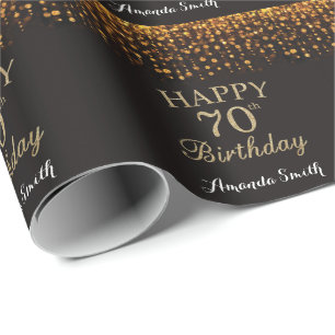 Papel De Presente Feliz 70 Aniversário Negro e Dourado brilho