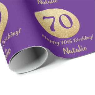 Papel De Presente Feliz 70 Aniversário Roxo e Dourado Brilho