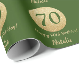Papel De Presente Feliz 70 Aniversário Verde e Dourado Brilho