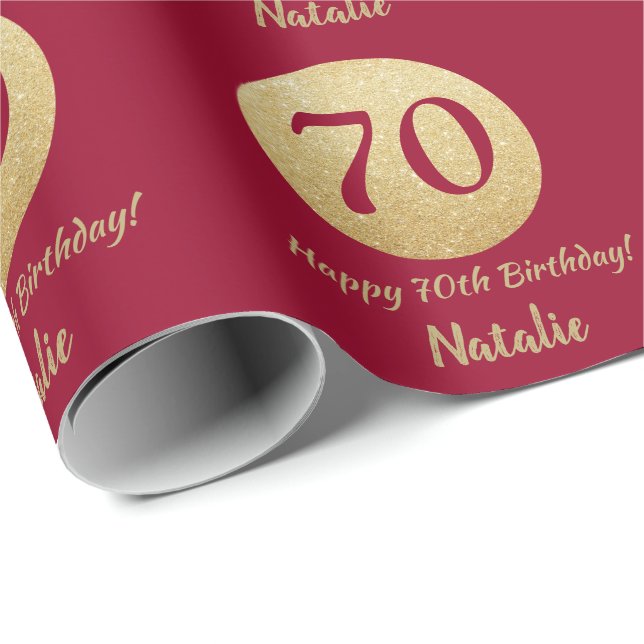 Papel De Presente Feliz 70 Birthday Burgundy Vermelho e Dourado bril (Ponta do rolo)