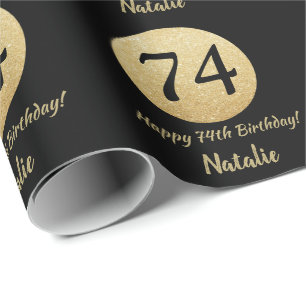 Papel De Presente Feliz 74.º aniversário, preto e Dourado brilho