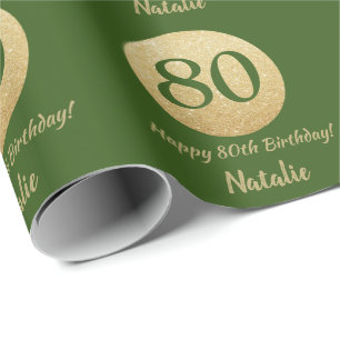 Papel De Presente Feliz 80 Aniversário Verde e Dourado Brilho