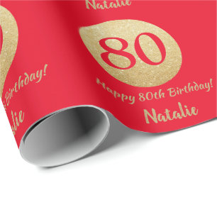 Papel De Presente Feliz 80 Aniversário Vermelho e Dourado Brilho