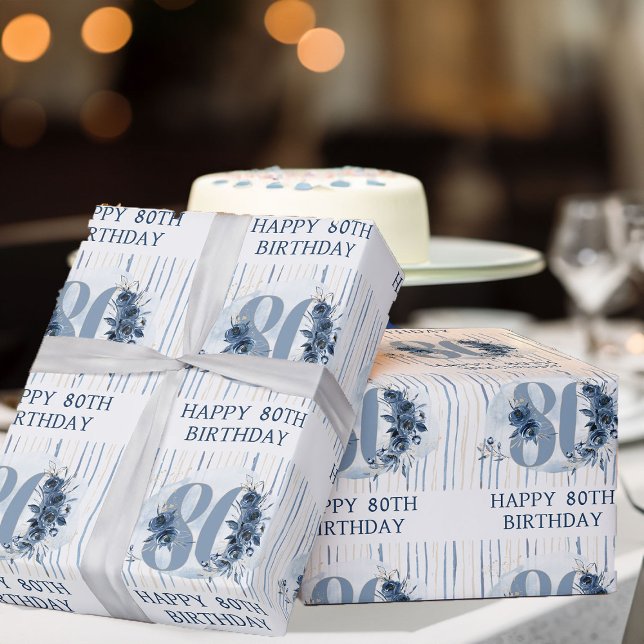 Papel De Presente Feliz 80 Birthday Floral Número 80 (80th Birthday wrapping paper from my Floral Number Milestone Birthday Collection)