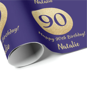 Papel De Presente Feliz 90 Aniversário Marinho Azul e Dourado Brilh