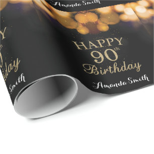 Papel De Presente Feliz 90 Aniversário Negro e Dourado brilho