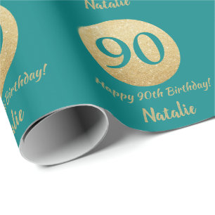 Papel De Presente Feliz 90 Aniversário Teal e Dourado Brilho