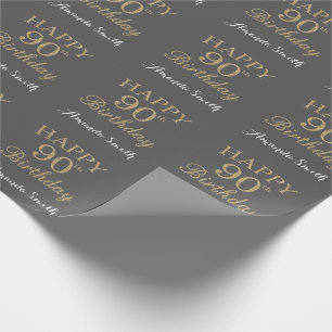 Papel De Presente Feliz 90 Birthday Dourado Glitter e Cinza