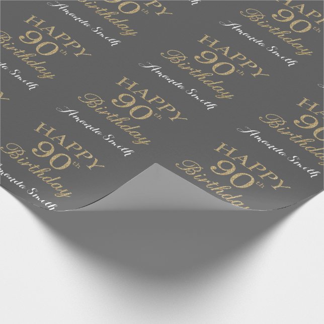 Papel De Presente Feliz 90 Birthday Dourado Glitter e Cinza (Ponta)