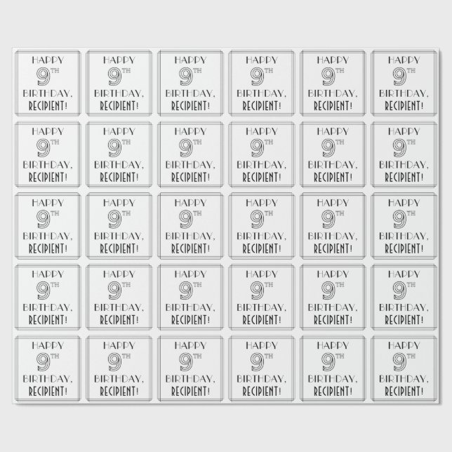 Papel De Presente FELIZ 9.O ANIVERSÁRIO; Estilo de Deco de Arte; Nom (Barra)