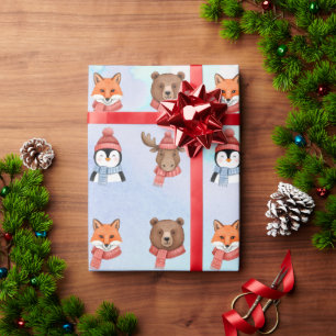 Papel De Presente Feliz Animal Fofo Azul Natal Aquarela