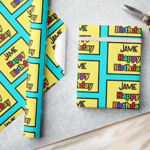 Papel De Presente Feliz Aniversário Adicione Nome Colorido Personali