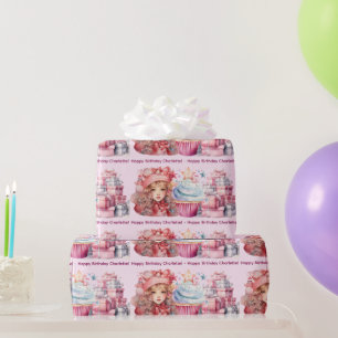 Papel De Presente Feliz Aniversário Adicione Nome da Rapariga Cupcak